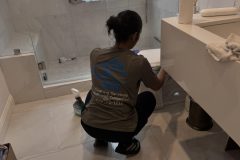 Guest-ready bathroom following an Airbnb turnover cleaning.