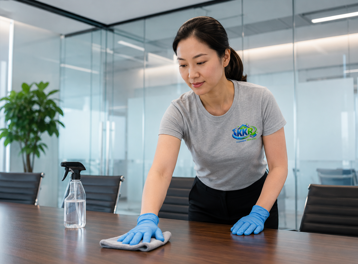 Professional office cleaner wiping a desk in a modern workplace