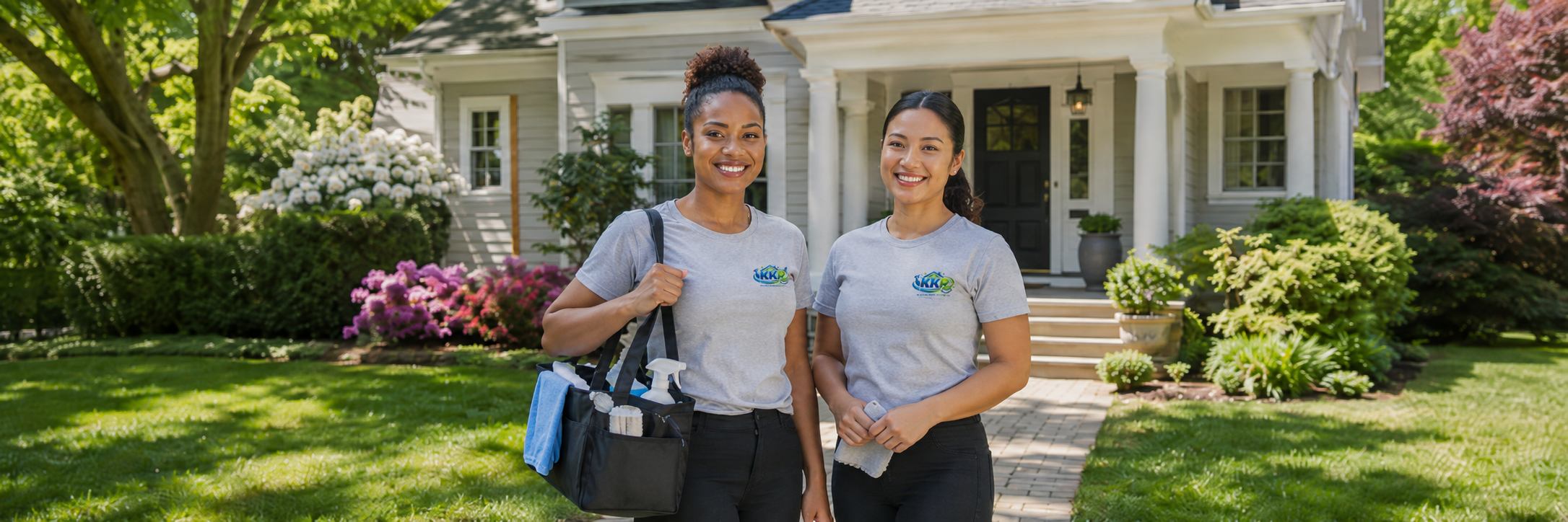 KKR Cleaning Services team outside a residential home in Milton, Massachusetts